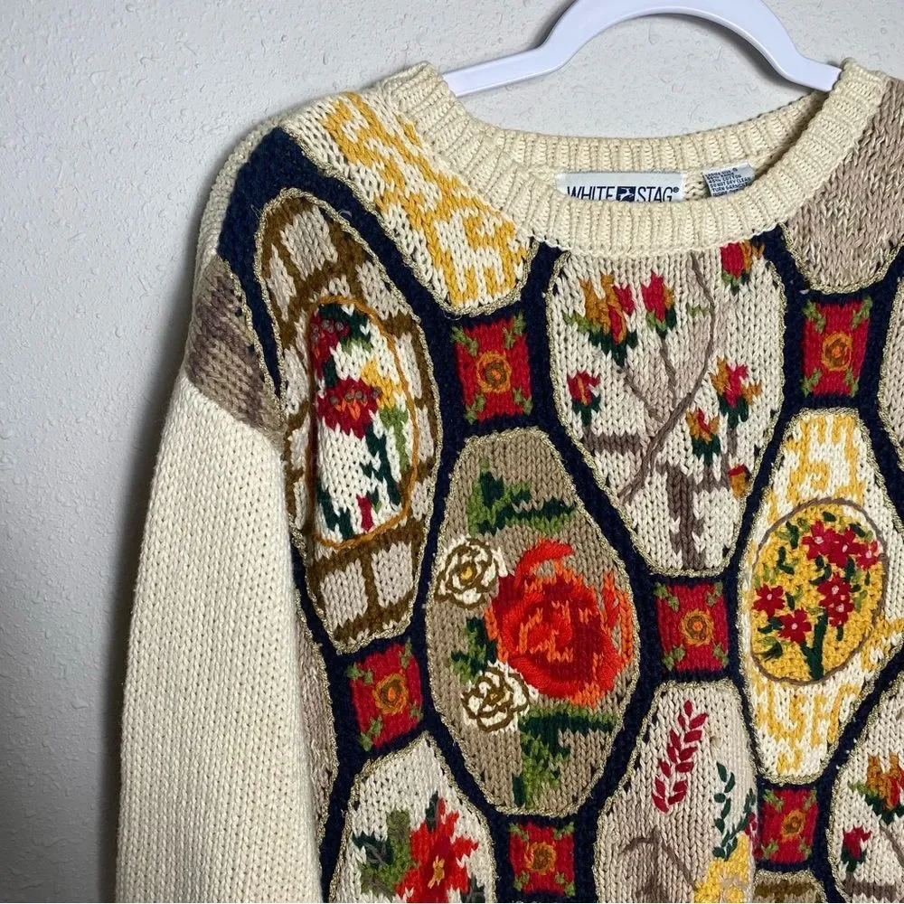 Vintage 1990's White Stag Fall Knit Patchwork Sweater Women's Size Small
